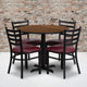 36'' Round Walnut Laminate Table, 4 Ladder Back Metal Chairs-Burgundy Seat