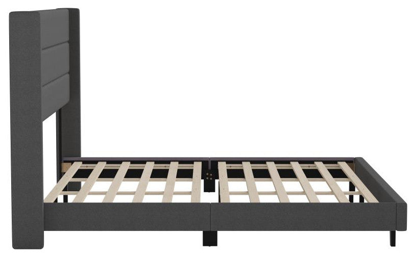 Hollis Upholstered Platform Bed with Wingback Headboard w/Mattress Foundation, Charcoal, King