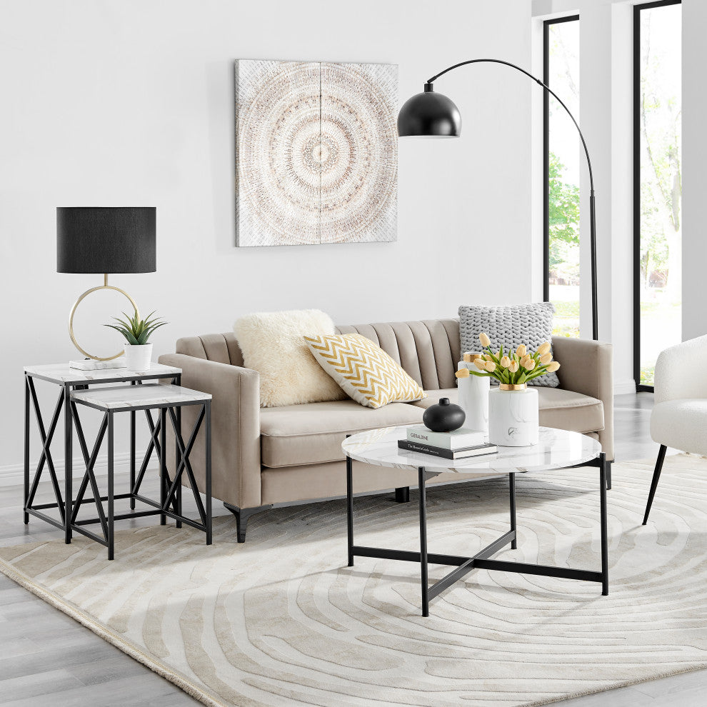Round Contemporary Marble Finish Veneer Top Black Coffee Table, White/Black