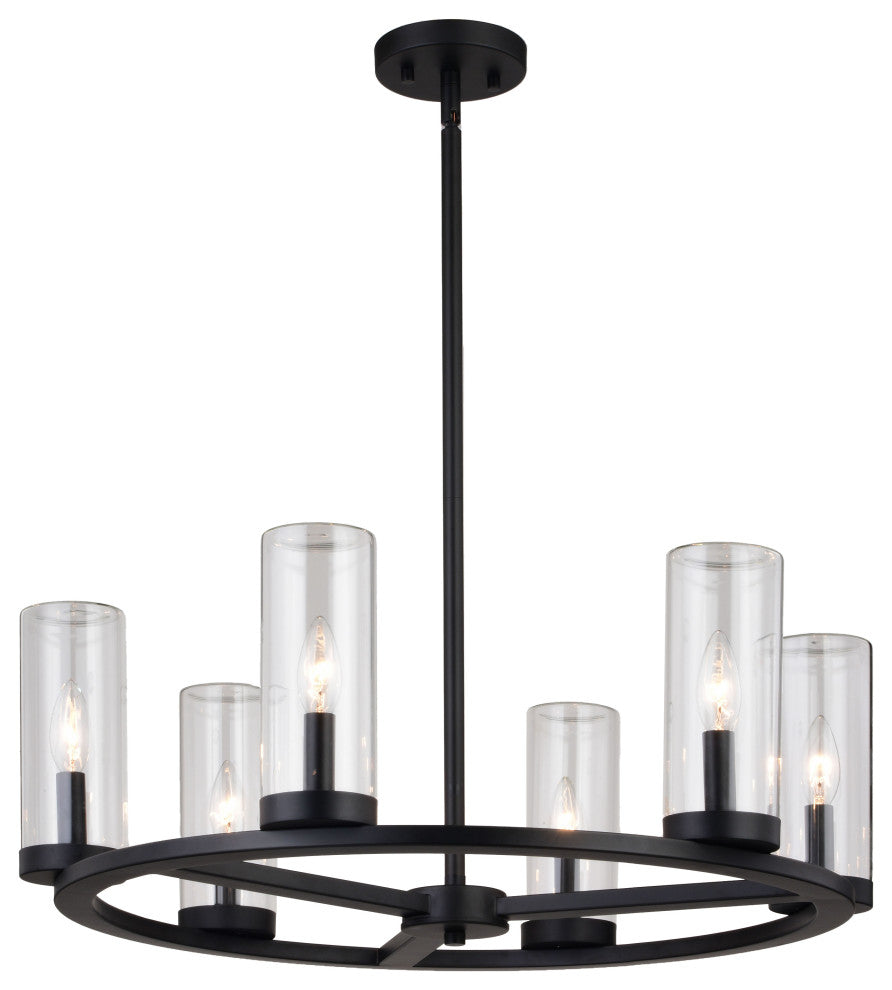 Grantley 6 Light Matte Black Wheel Chandelier Fixture Clear Glass LED Compatible