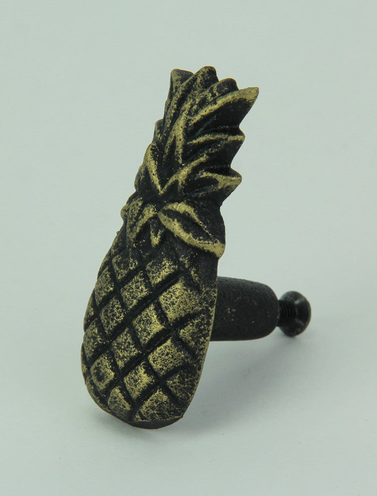 Set of 12 Distressed Antique Brass Finish Cast Iron Pineapple Drawer Pulls