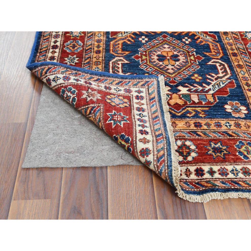 Hand Knotted Navy Blue Afghan Super Kazak Soft Wool Runner Rug, 2'6" x 11'0"
