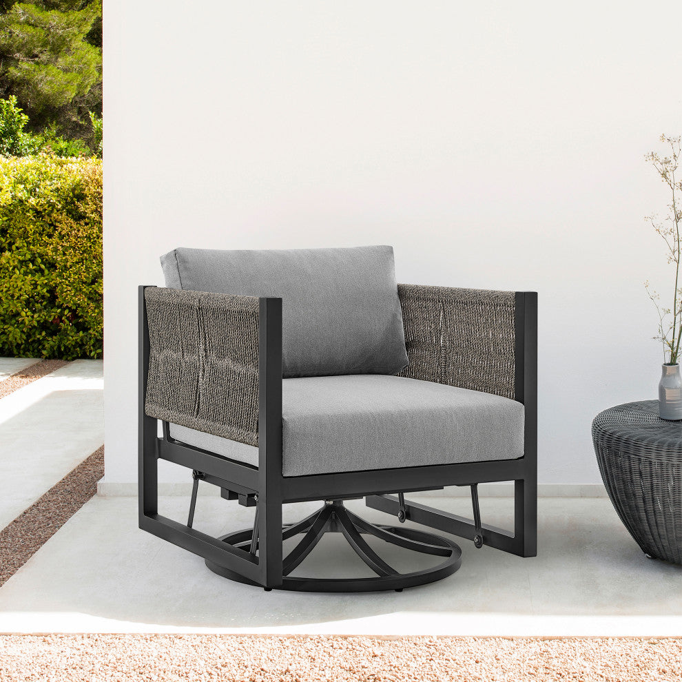 Cuffay Outdoor Patio Swivel Glider Lounge Chair, Aluminum With Gray Cushions, Black