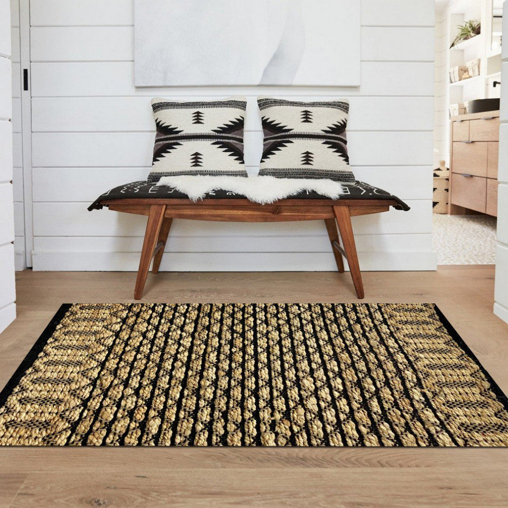 7" x 9" Tan and Black Ornate Geometric Area Rug