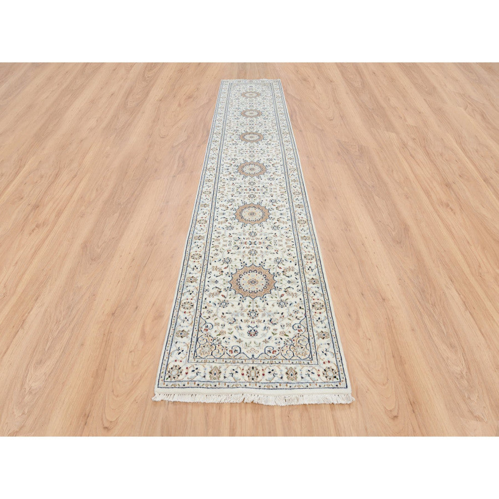 Ivory, Nain, 250 KPSI Wool and Silk Hand Knotted Runner Rug, 2'8" x 13'3"