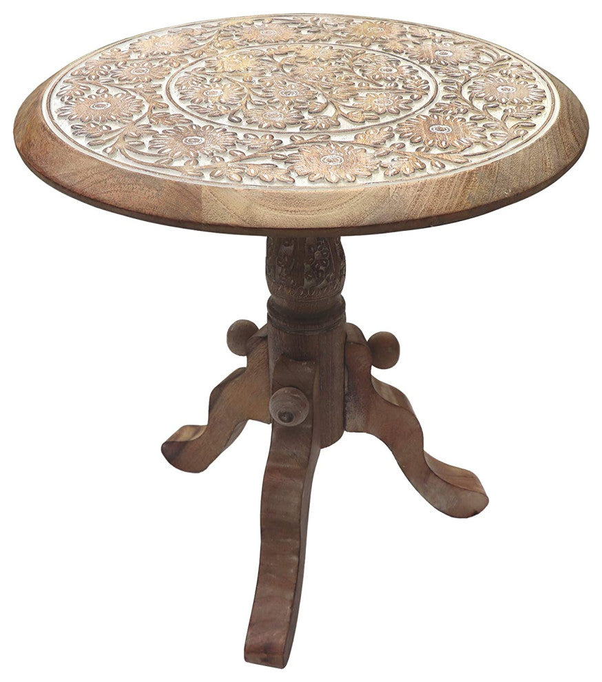 Benzara UPT-209567 Round Top Side End Table with Pedestal Base, Brown & White