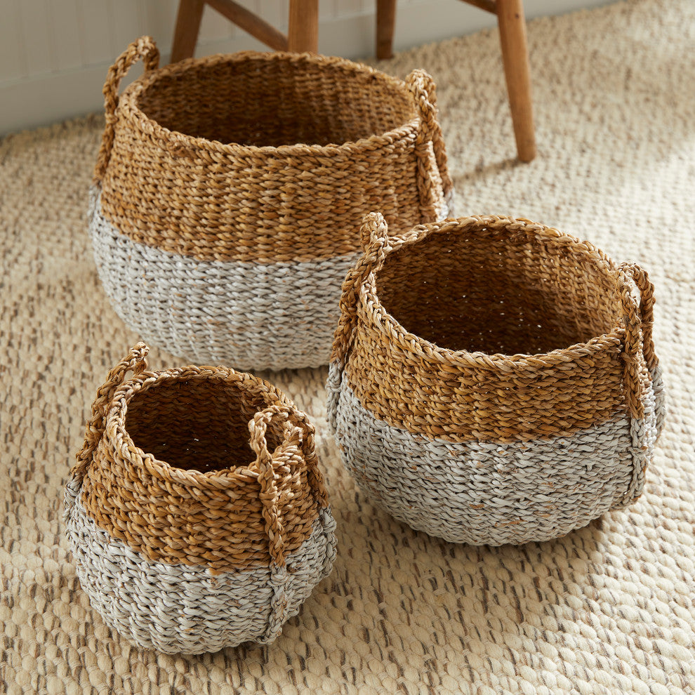 Seagrass Round Baskets With Handles, White and Natural, Set of 3