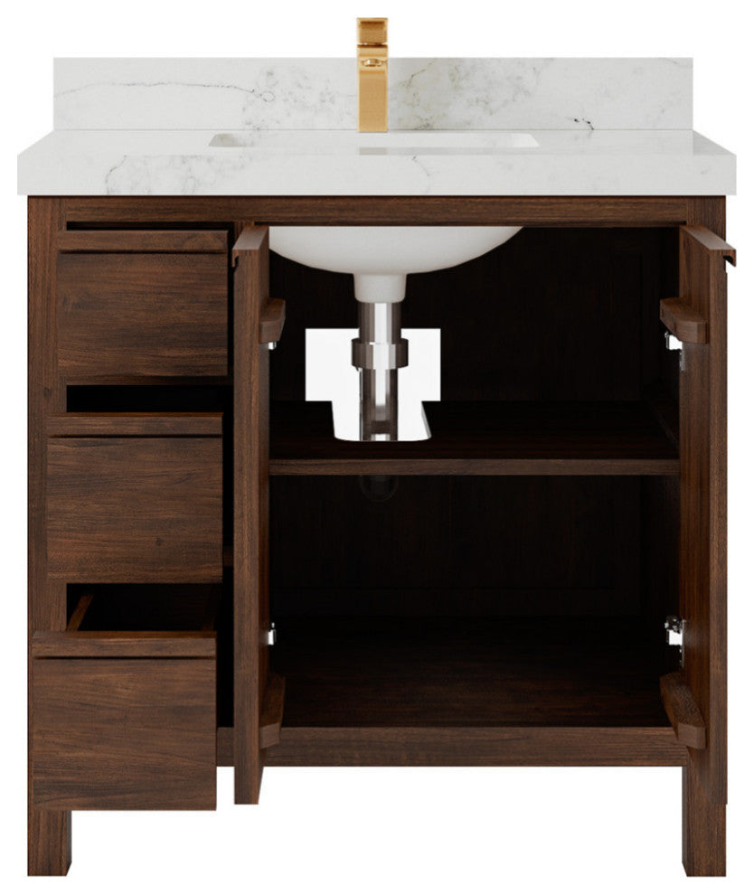 Elizabeth 36 Center Sink Bath Vanity in Dark Walnut Teak 2" Calacatta Nuvo