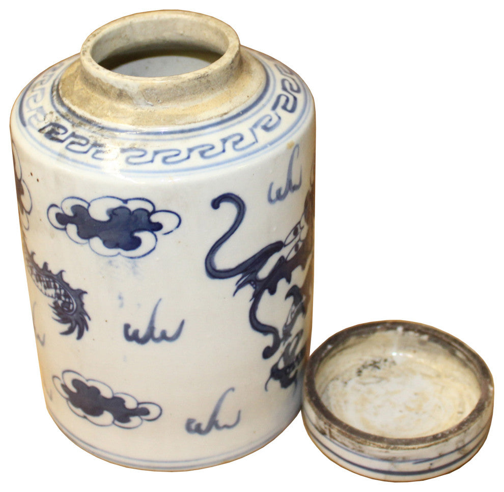 Chinese Blue White Ceramic Dragon Graphic Container Urn Jar Hws812