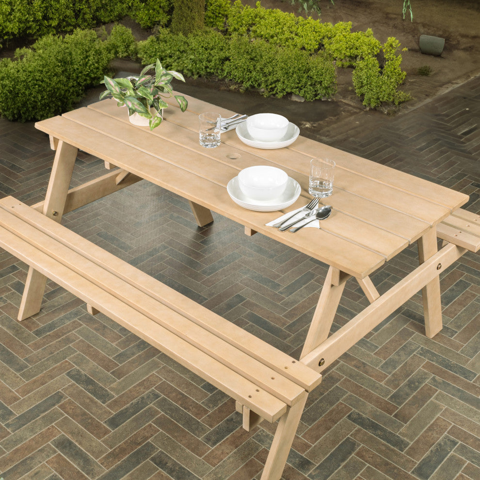Shoreham 59" Modern Classic Outdoor Wood Picnic Table Benches With Umbrella Hole