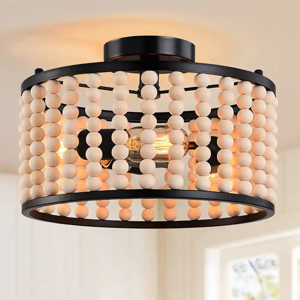 3 Light Wood Beads Ceiling Light Fixture, Farmhouse, Boho, Black