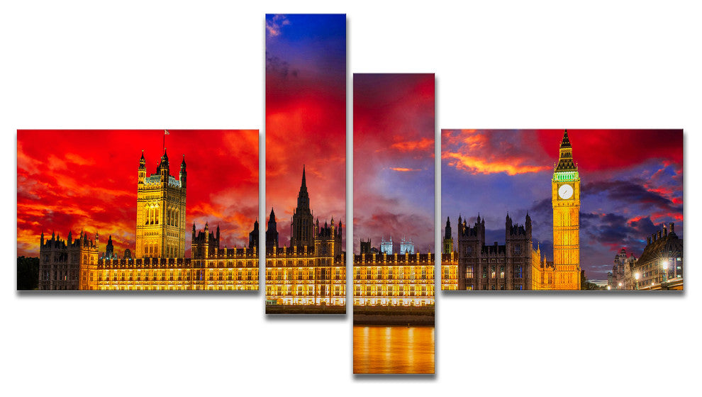 House of Parliament at River Thames, Cityscape Canvas Print, 60"x32", 4 panels