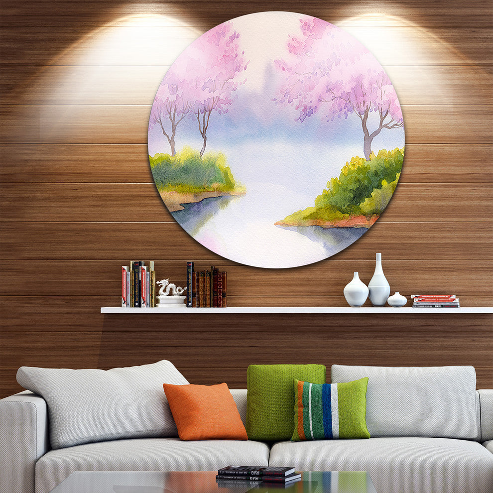 Flowering Trees Over River, Landscape Disc Metal Artwork, 11"