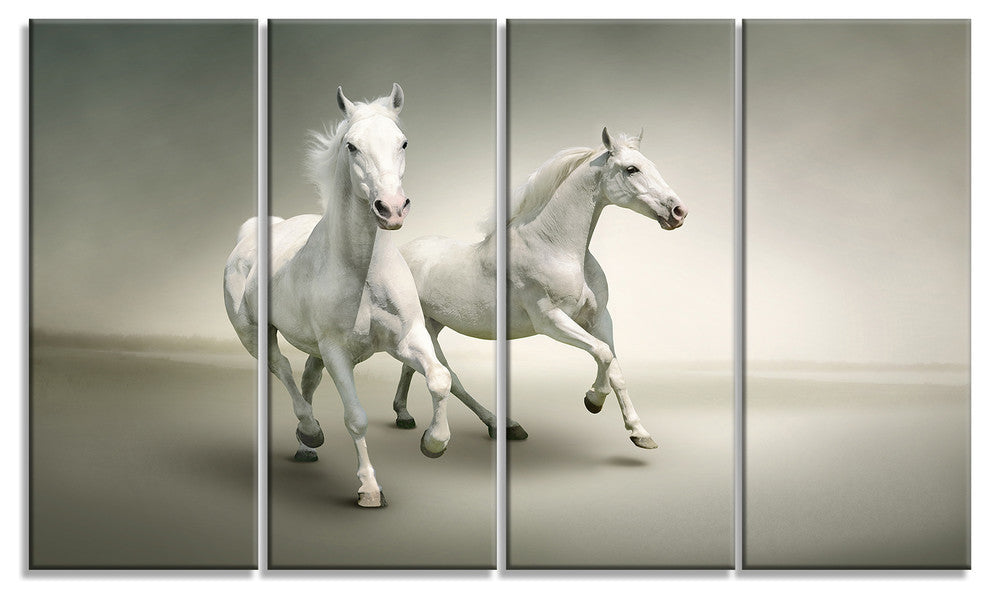 Fast Moving White Horses, Animal Canvas Art Print, 48"x28", 4 Panels