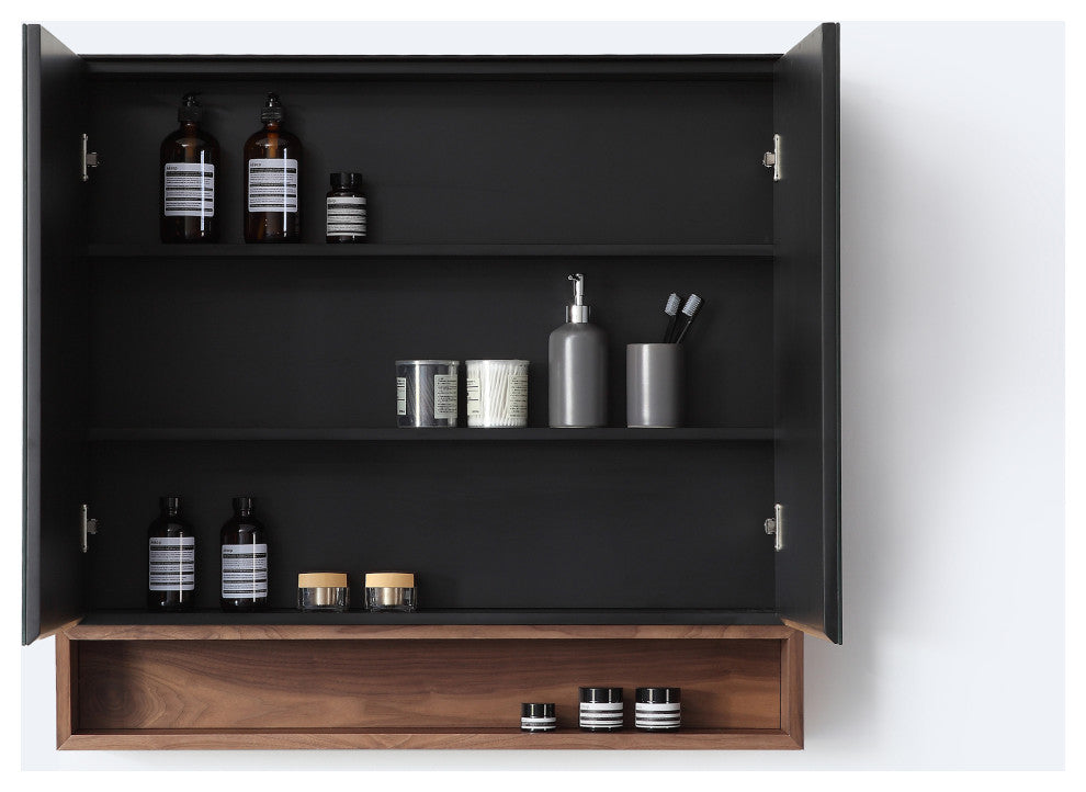 Bergen Modern Medicine Cabinet, Matte Black Frame, Walnut Shelf, 36"
