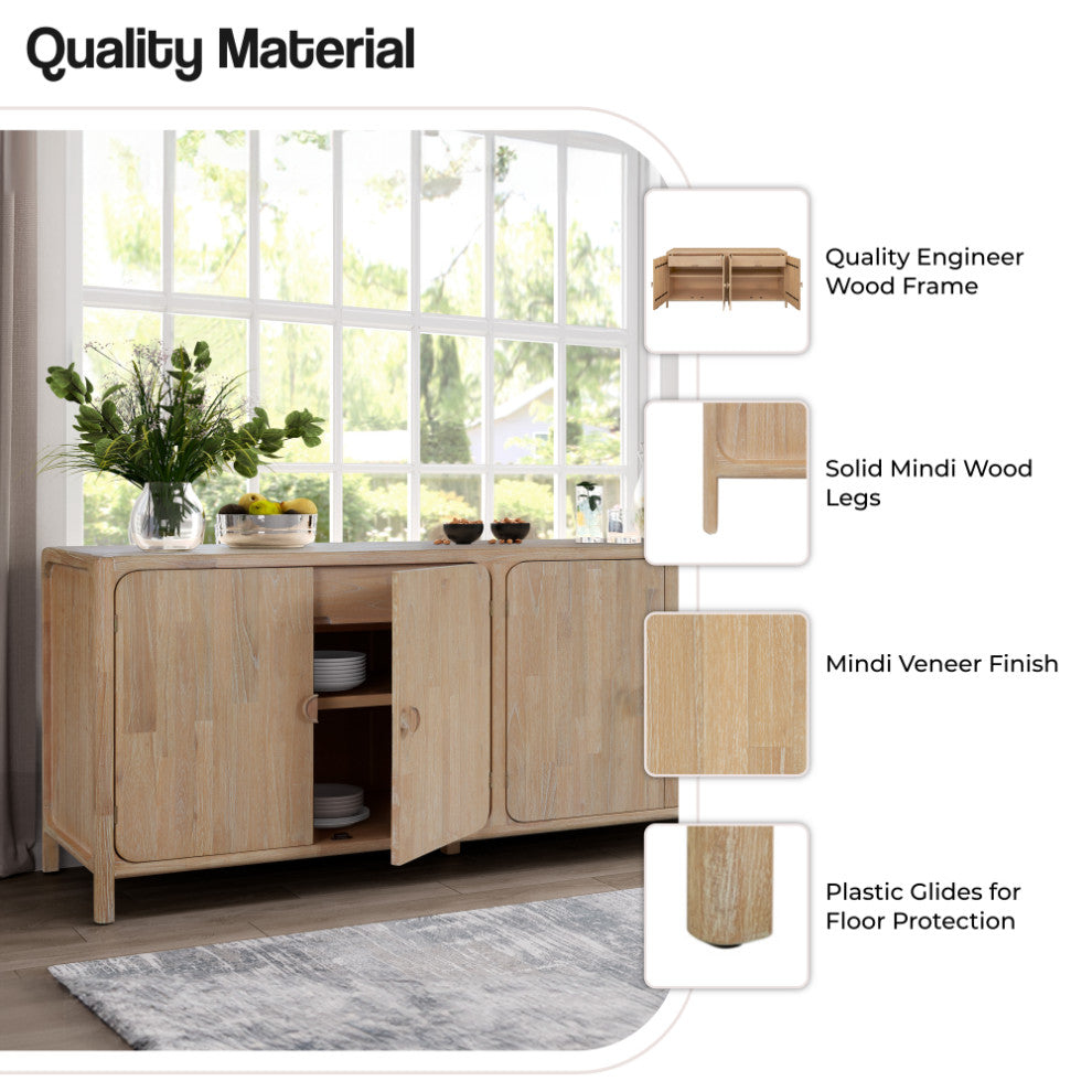Hansville Sideboard 4 Doors With 2 Inner Drawers, Natural Whitewash