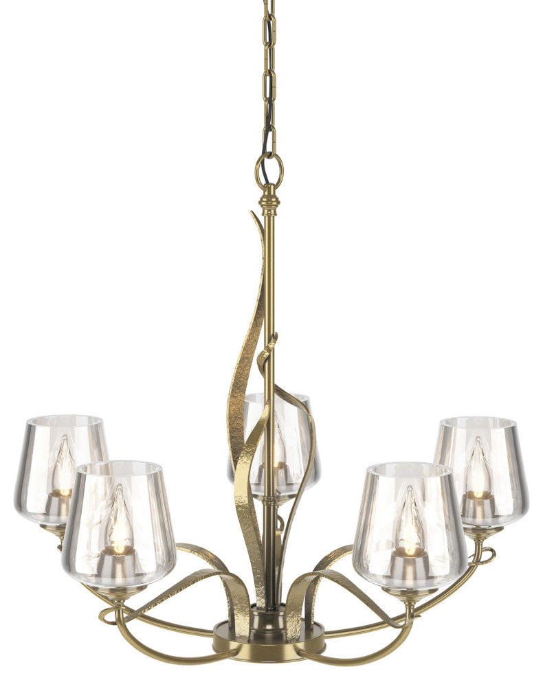 Flora 5 Arm Chandelier, Modern Brass, Clear Glass