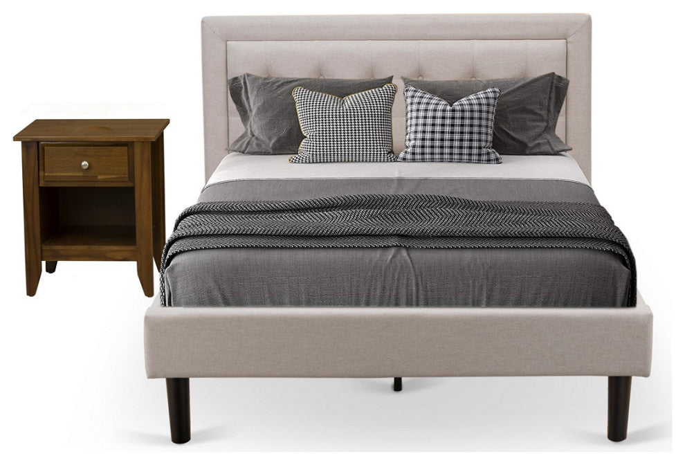 2-Pc Platform Full Size Bed Set, 1 Wood Bed Frame, Nightstand Mist Beige Fabric