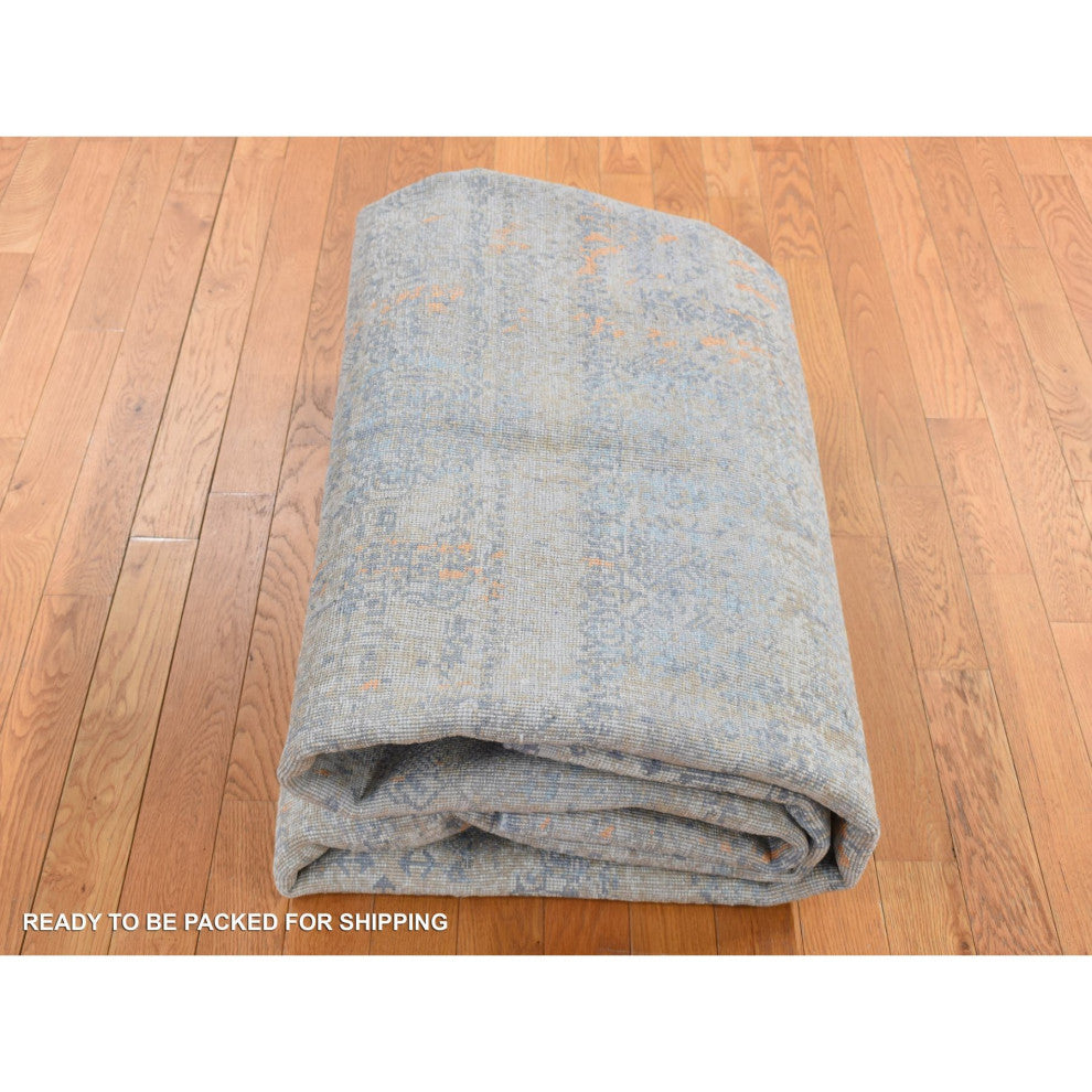 Blue Silk with Wool Tone on Tone Modern Design Hand Knotted Rug 8' x 10'
