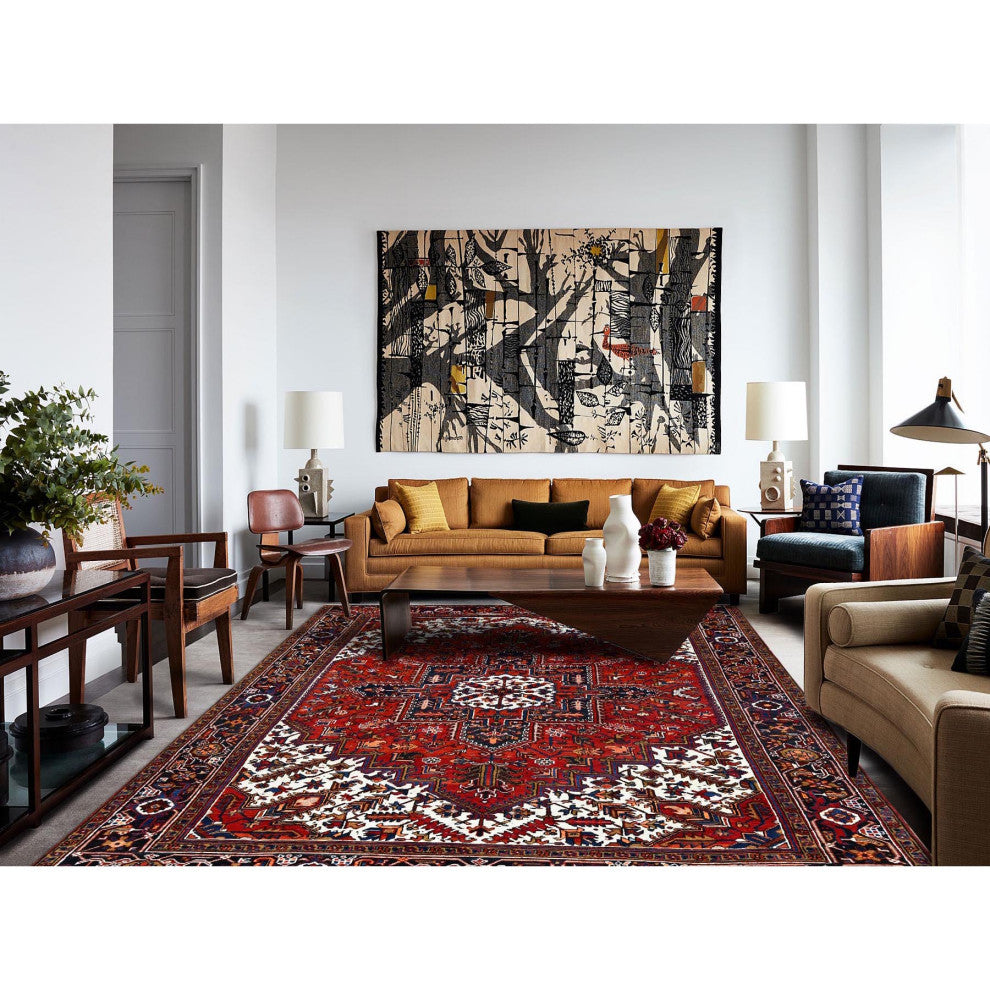 Tomato Red Pure Wool Hand Knotted Semi Antique Persian Heriz Rug 8'5"x10'9"