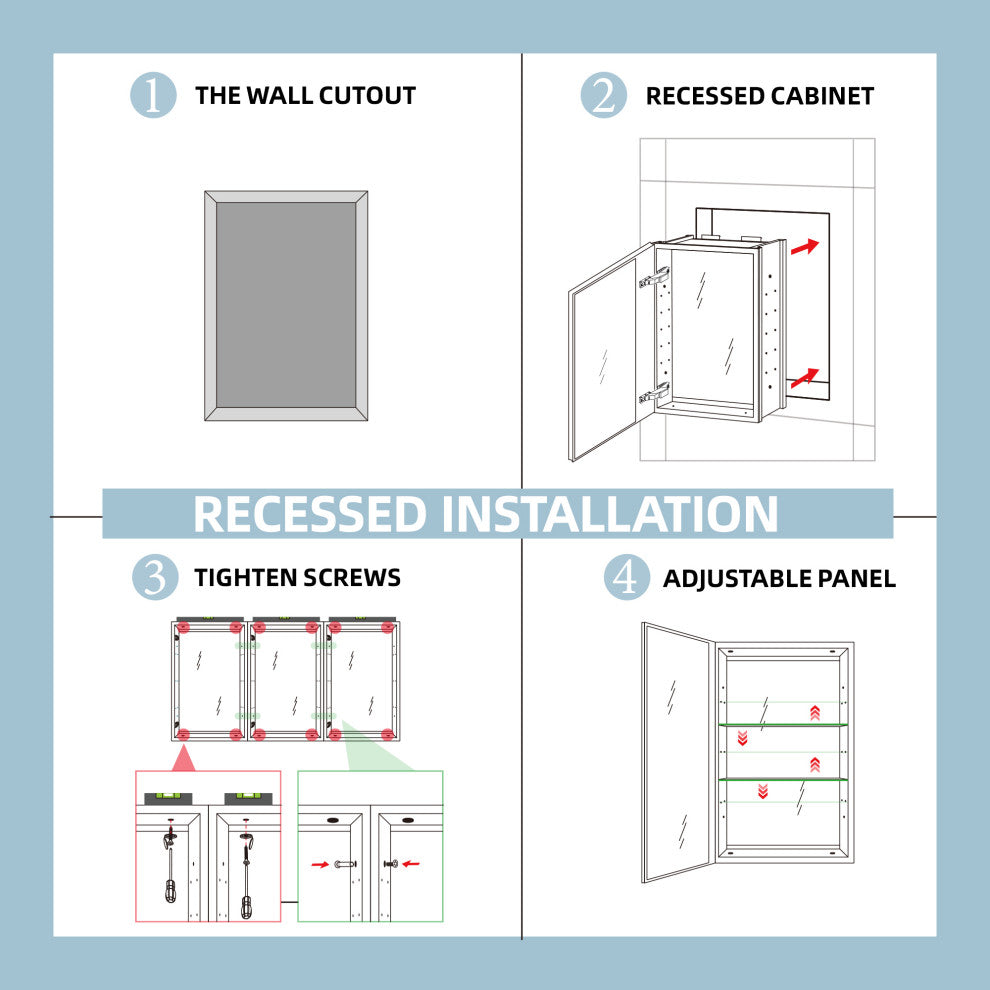 20'' W 30'' H Recessed Frameless Medicine Cabinet Mirror 3 Adjustable