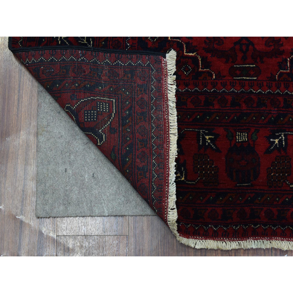 Red Hand Knotted Tribal Design Soft Wool Afghan Khamyab Oriental Rug, 4'10"x6'7"