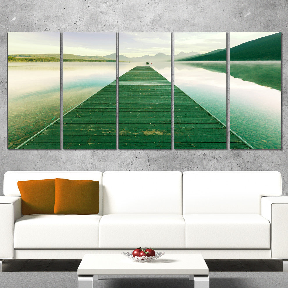 Green Wood Pier At Glacier Park, Seashore Canvas Art Print, 60"x28", 5 Panels