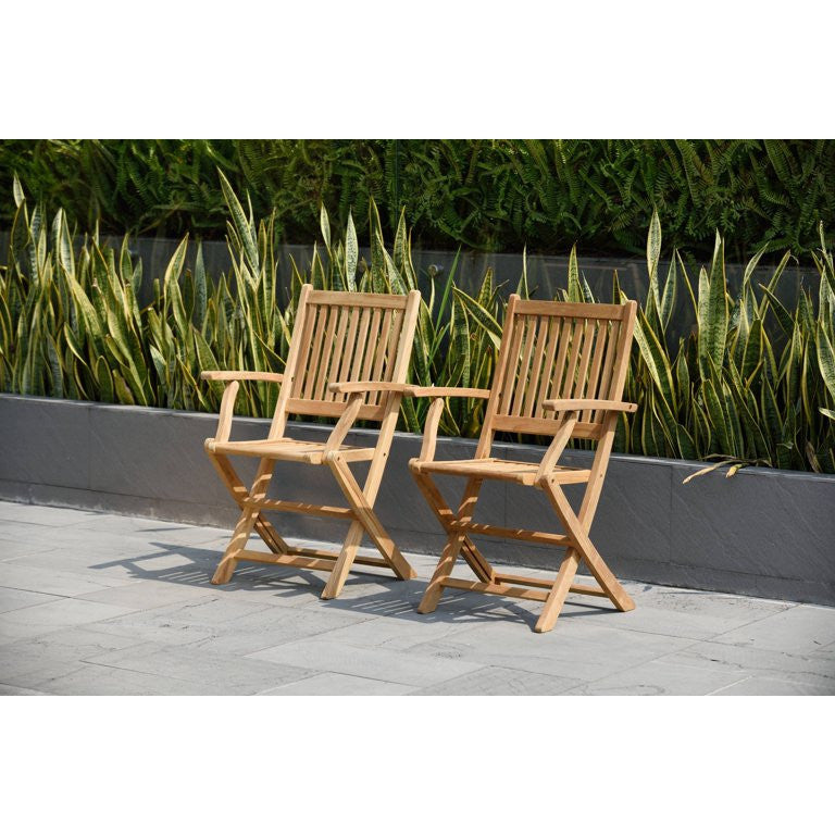 Set of 2 Folding Chair, Teak Wood Construction With Slatted Seat & Arms, Natural