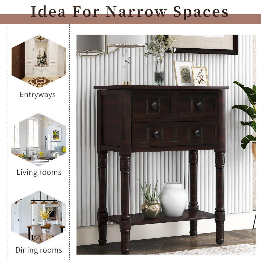 TATEUS Modern Narrow Console Table With Three Storage Drawers, Espresso