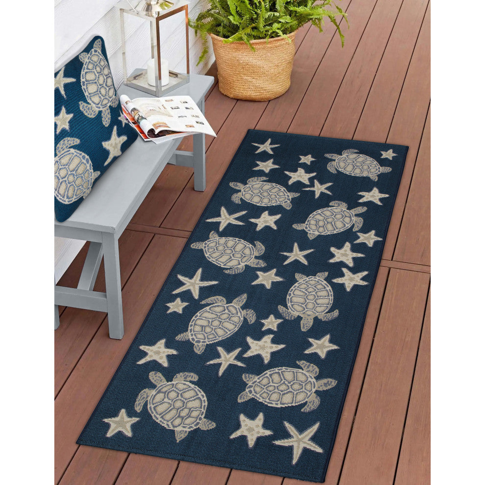 Marina Turtle And Stars Indoor/Outdoor Pillow, Navy, 18" X 18"