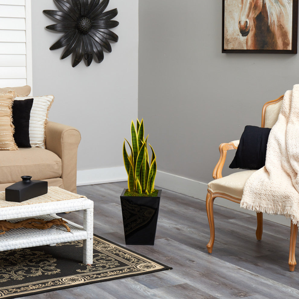 31" Sansevieria Artificial Plant, Metal Planter
