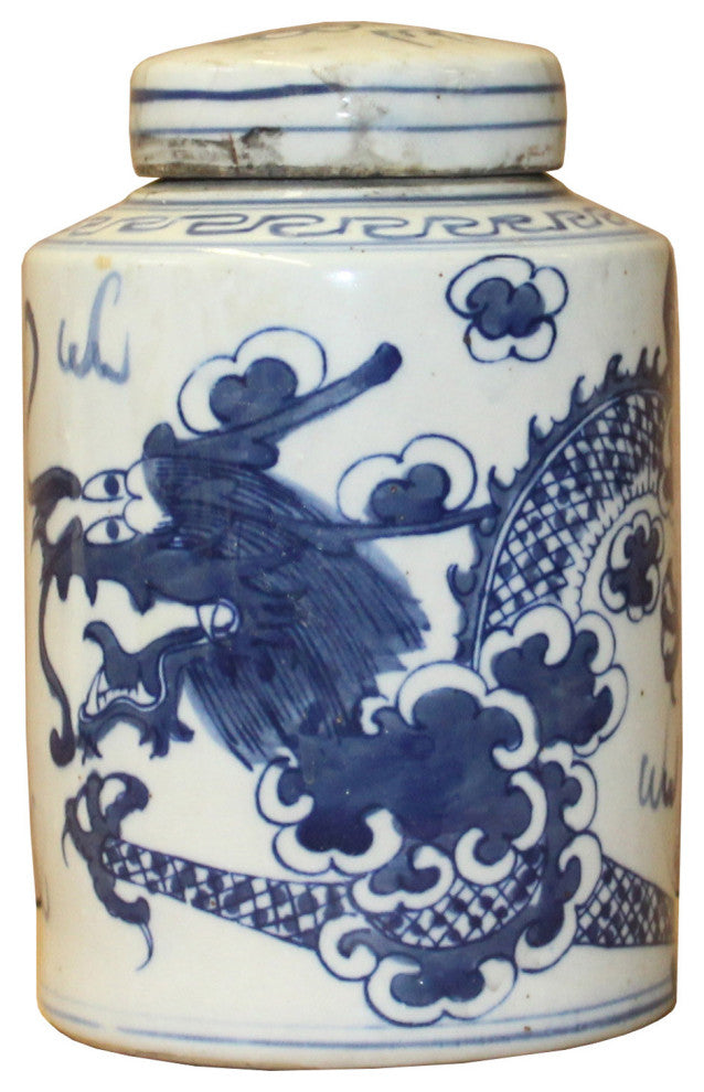 Chinese Blue White Ceramic Dragon Graphic Container Urn Jar Hws812