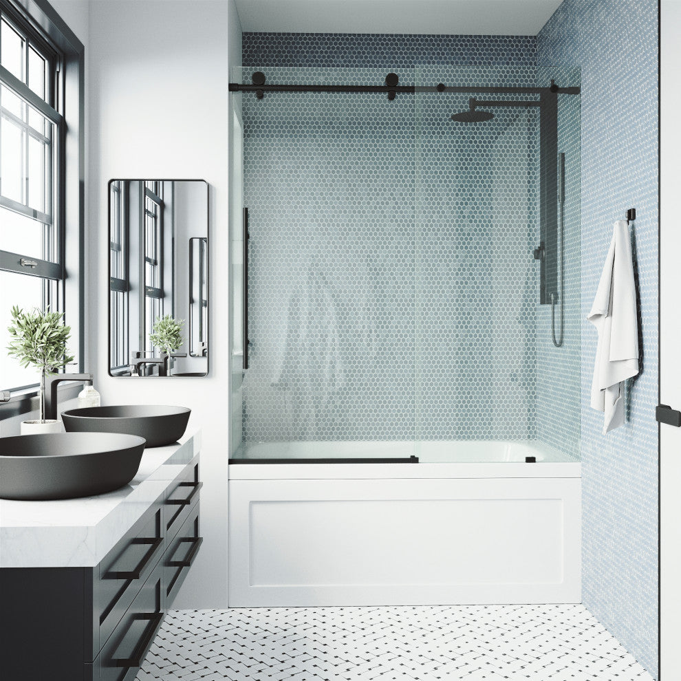 VIGO Elan E-Class 56" to 60" W x 66" H Frameless Sliding Tub Door, Matte Black, Clear Glass