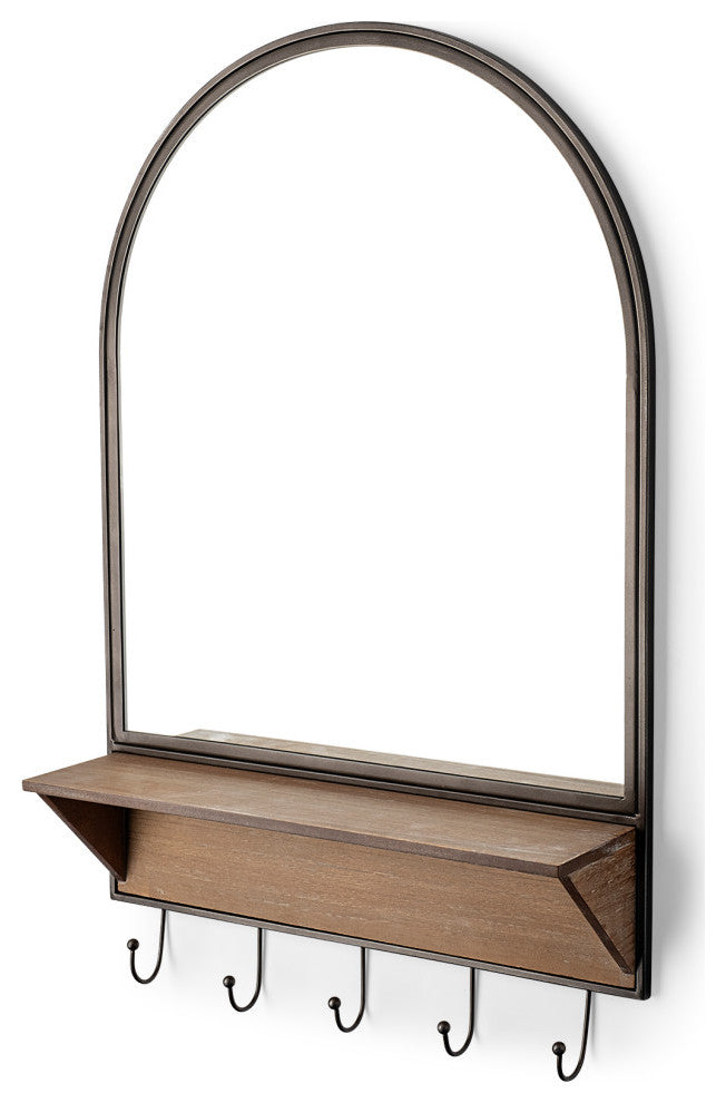 Neville Black Metal and Brown Wood Shelf With Hooks Arched Mirror, 30" x 20"