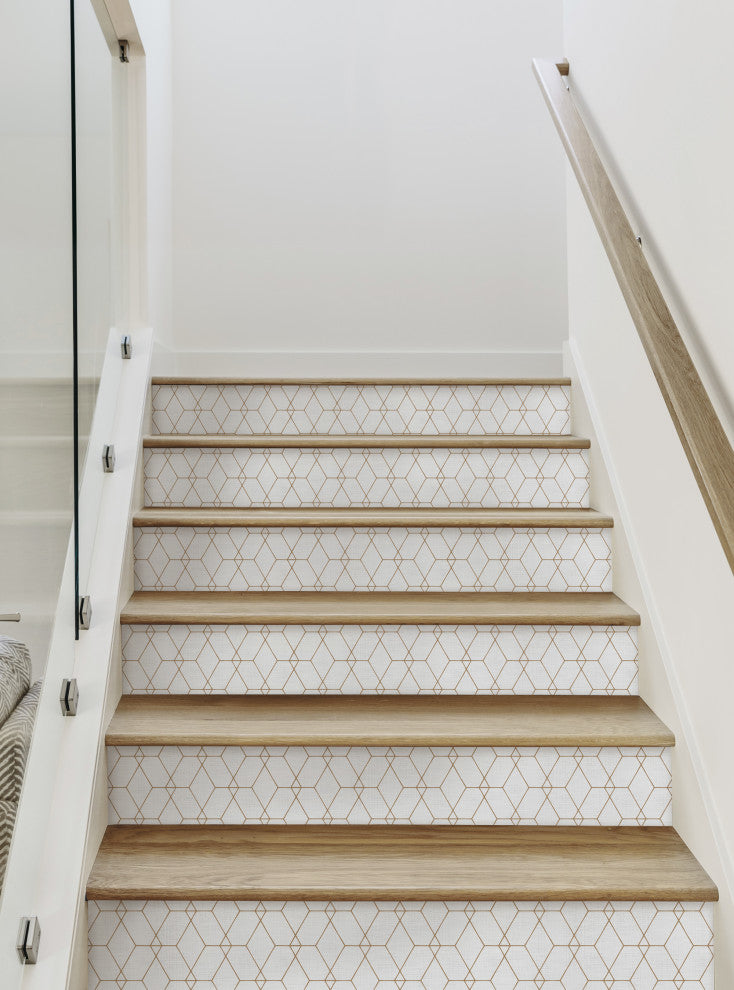 Hexagon Geometric Art Deco Lines Peel and Stick Stair Riser Strips, Off White, 48"w X 6"h, 6 Pack