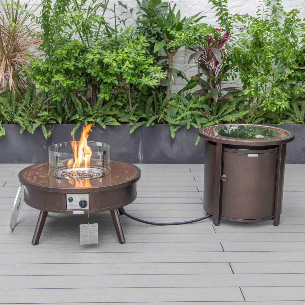 LeisureMod Walbrooke Brown Patio Sofa Set With Round Fire Pit Table, Light Grey