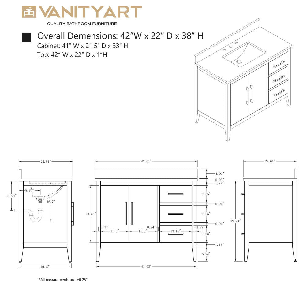 Vanity Art Bathroom Vanity With Sink, White, 42", Single Sink, Brushed Nickel