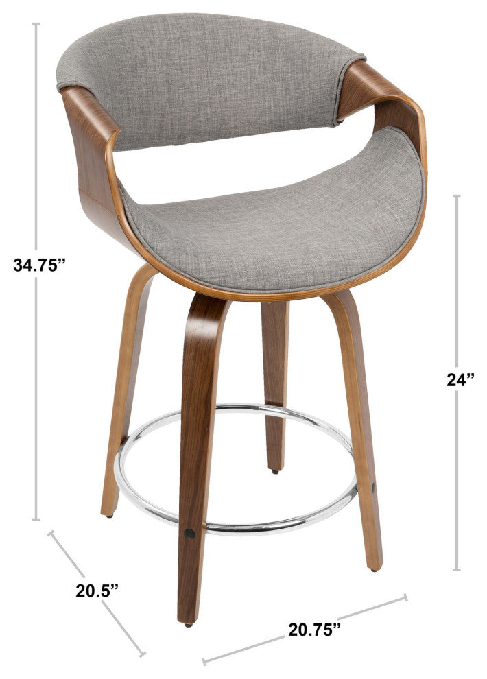 Curvini 24'' Counter Stool, Set of 2, Walnut Wood/Light Gray Fabric/Chrome