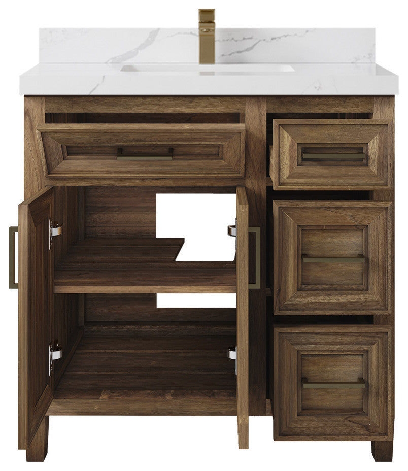 Santa Monica 36 Center Sink Bath Vanity in Graywashed Teak 2" Calacatta Laza