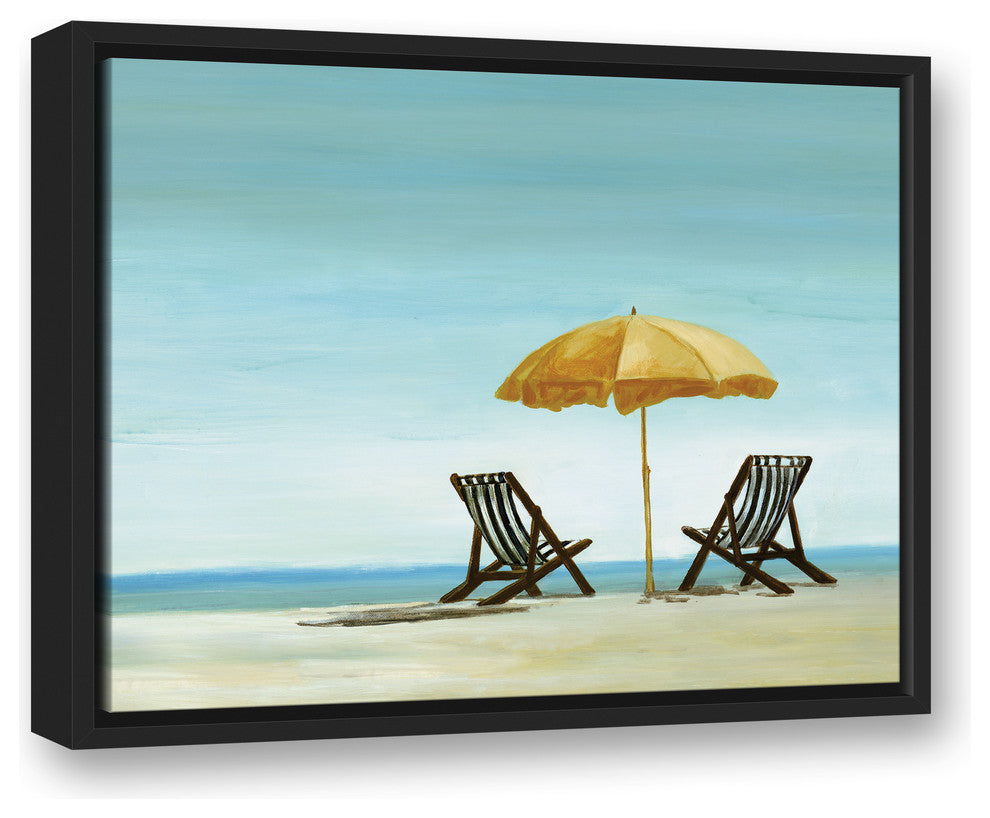 Beach Chairs Under Yellow Umbrella 16x20 Black Floating Framed Canvas
