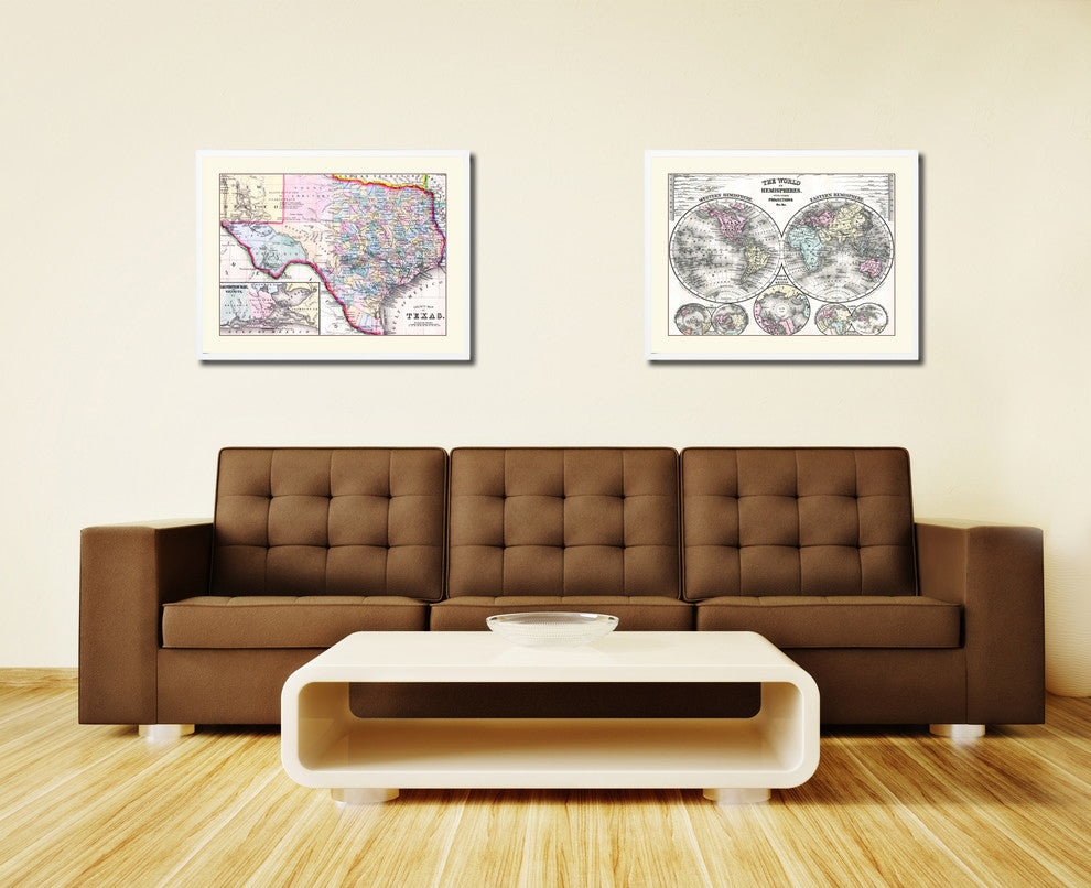 Texas Vintage Old Map Print On Canvas With Picture Frame 28" X 37"