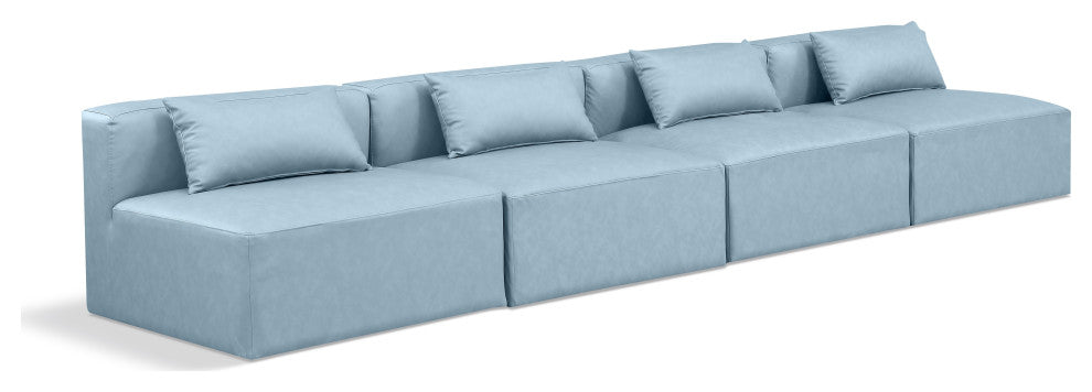 Cube Upholstered Modular Sofa, Light Blue, 4-Piece: 4 Armless Chair, Vegan Leather