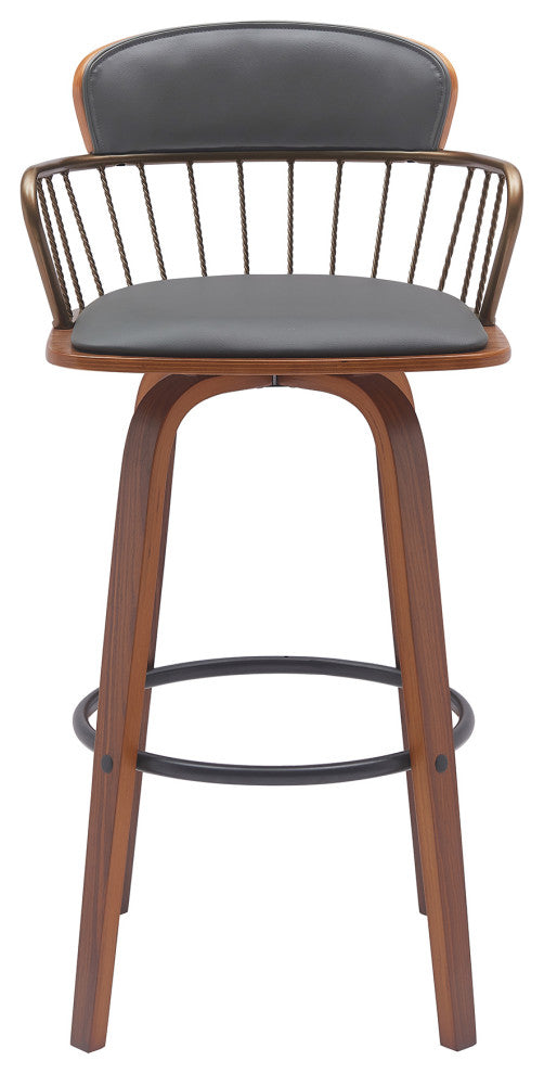 Willow 25.5" Swivel Walnut Wood Counter Stool Gray Faux Leather and Bronze Metal, 30