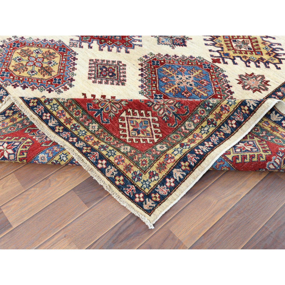 Hand Knotted Ivory Afghan Super Kazak Shiny Wool Oriental Rug, 8'8" x 11'10"