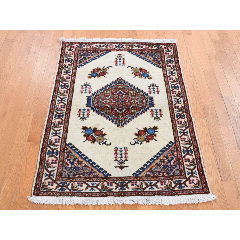 Ivory New Bohemian Karabakh Pure Wool Hand Knotted Rug 3'3" x 4'3"