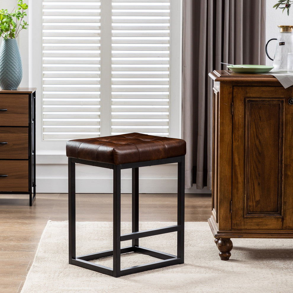 Button Tufted Open Frame Counter Stools, Dark Brown, 24 Inch