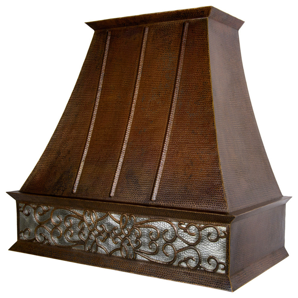38" 1250 CFM Copper Wall Mount Euro Range Hood, Scroll Design, Baffle Filters