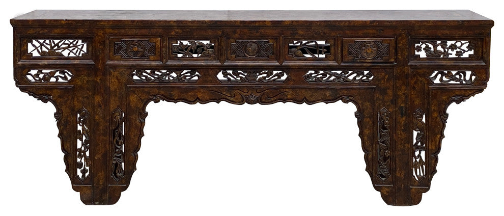 Chinese Brown Wood Open Flower RuYi Carving Apron Altar Console Table Hcs7802