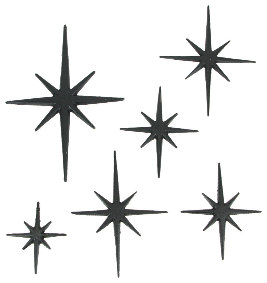 Set of 6 Black Cast Iron Starburst Wall Hangings Mid Century 8 Pointed Stars