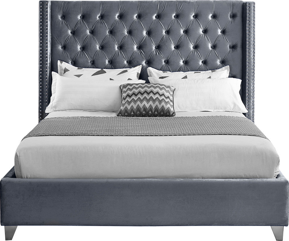 Ames Velvet Bed, Gray, Queen